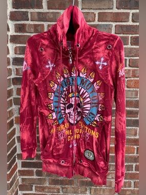 RARE AFFLICTION Graphic Zip Hoodie with Skull & Sunburst Motif